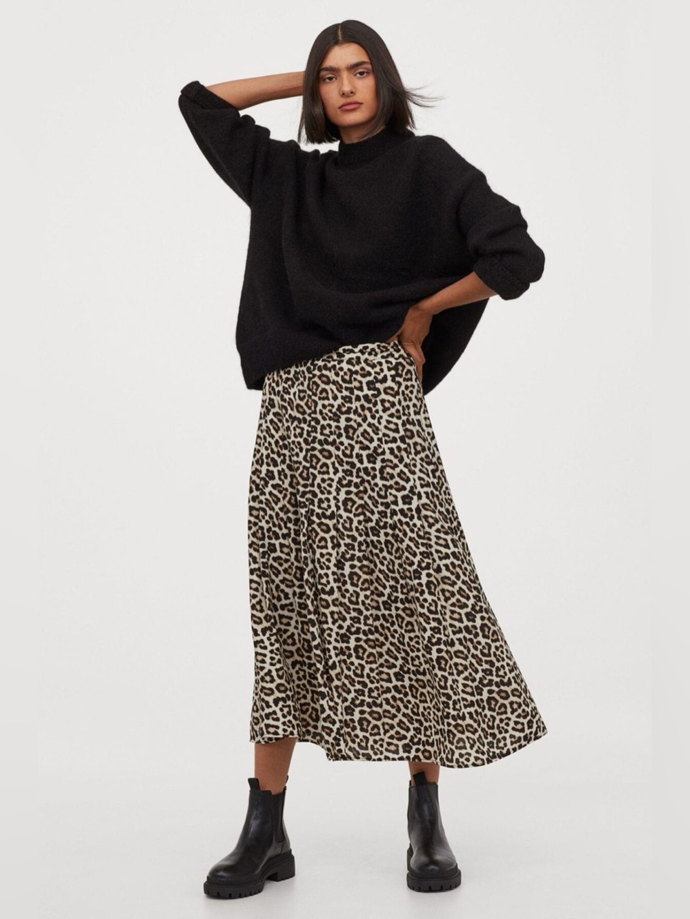 🐆✨ H&M Leopard Print Midi Skirt Size 8 A-Line Flowy Flared Hem